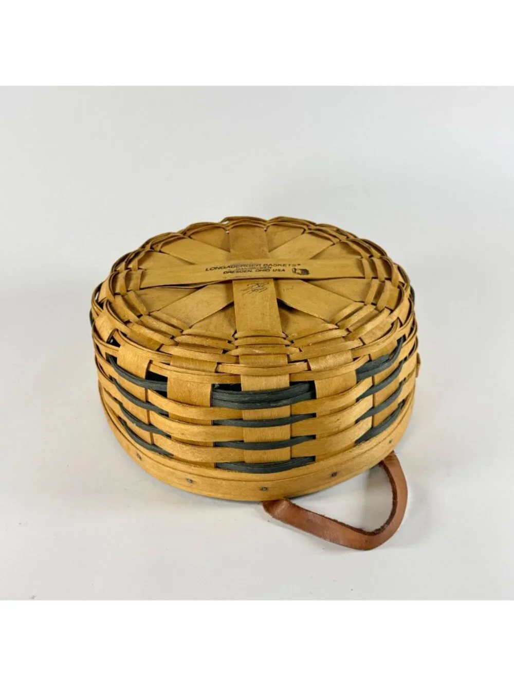 Vintage 1997 Longaberger Round Basket w/ Liner & Leather Handles USA